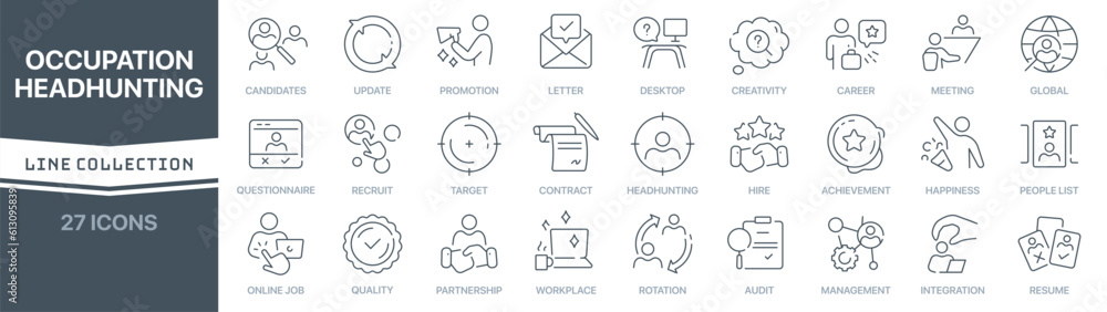 Fototapete occupation and headhunting linear signed icon collection. signed thin line icons collection. set of 