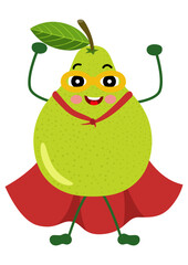 Cute green pear mascot  in traditional costume of superhero