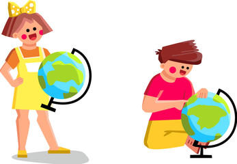 geography kid vector. education globe, school children, world earth, study boy, cute girl geography kid character. people flat cartoon illustration