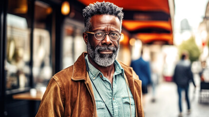 Fototapeta premium In the bustling Berlin streets, an African American hipster radiates unique style, his distinctiveness a beacon amid the city rush. Street Photography Generative AI