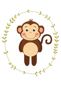 Cute monkey inside an oval leaves border