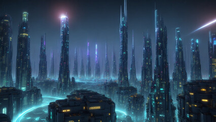 Futuristic high-tech city, high-speed data transmission automation concept