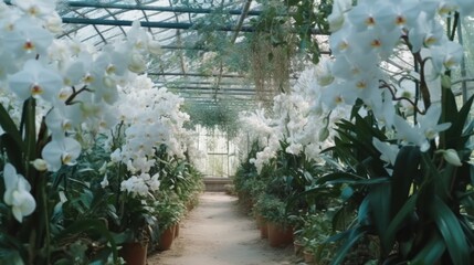 greenhouse with orchids.Neural network AI generated.  Generative AI