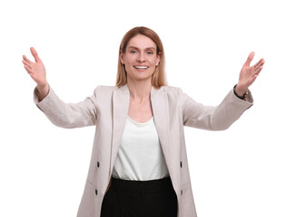 Portrait of beautiful happy businesswoman welcoming on white background