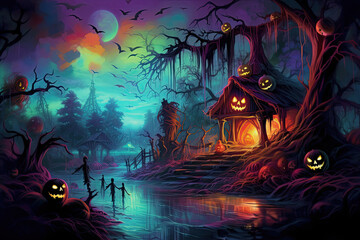 scary halloween card with bats, pumpkins and moonlight, colorful art, Generative AI