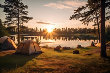 Beautiful sunset over a campground near a peaceful lake with multiple tents in view, showcasing the beauty of camping in nature. - obrazy, fototapety, plakaty