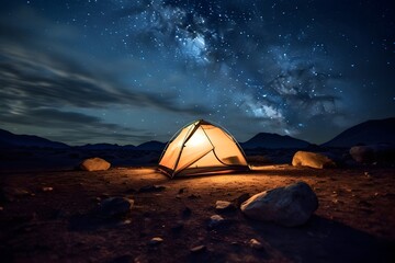 Night time scene of a camping tent, softly illuminated from the inside, set against a backdrop of a star-studded sky.