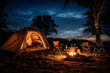  Striking image of a campsite bathed in the warm glow of lantern light against a twilight sky. - obrazy, fototapety, plakaty