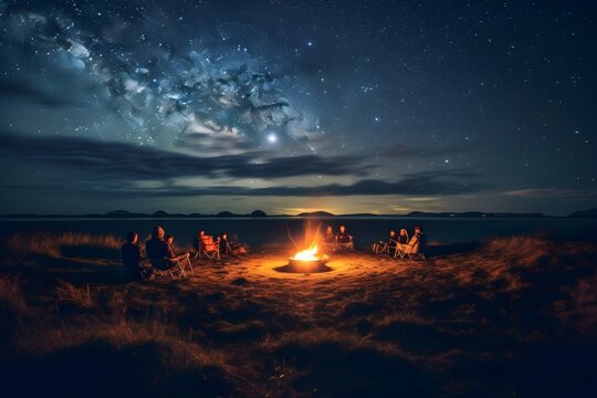A serene image of a crackling campfire under a clear, star-studded night sky, capturing the essence of camping