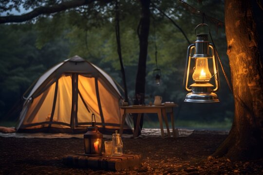 Image capturing a warm camping scene with a lantern hanging from a tree, illuminating a cozy tent nearby.