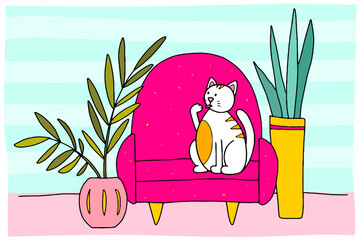 Doodle Cat on the couch. Hand-drawn pet in a cozy interior with plants in a pot. White striped animal licks its paw at home. Line kitten sits and washes on soft furniture. Vector funny illustration