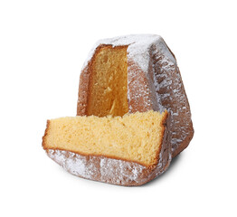 Delicious Pandoro cake decorated with powdered sugar isolated on white. Traditional Italian pastry