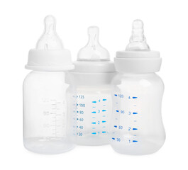 Three empty feeding bottles for infant formula on white background