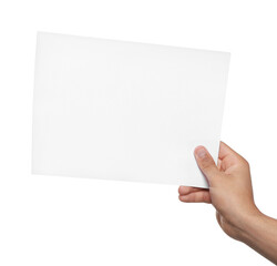 Man holding sheet of paper on white background, closeup. Mockup for design