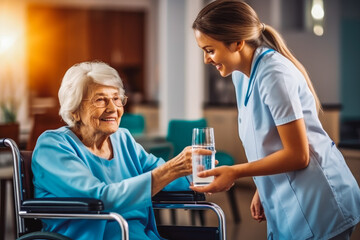 Nurse giving glass of water to elderly woman in wheelchair. Nursing home employee helping elderly people. Generative AI - obrazy, fototapety, plakaty