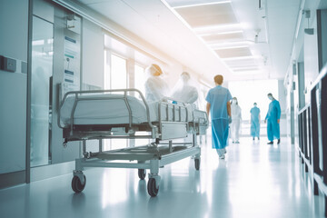 Doctors in hospital corridor. Nurses pushing gurney stretcher down hallway. Generative AI