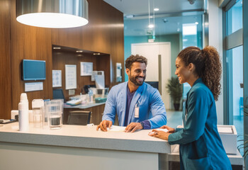 Man communicating with female receptionist at hospital. Professional receptionist at clinic building welcoming male guest. Generative AI