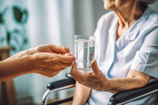 Nurse giving glass of water to elderly woman in wheelchair. Nursing home employee helping elderly people. Generative AI
