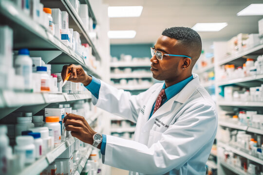 Photo of a professional pharmacist checking stock in the storage room. Pharmacist at work. Generative AI