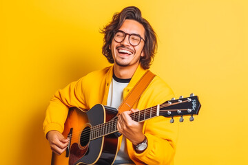 Young caucasian musician playing the guitar on yellow background. Young rock star playing acoustic guitar for fun. Generative AI - obrazy, fototapety, plakaty