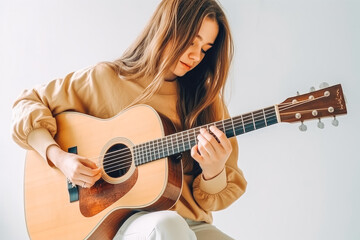 Beautiful girl with an acoustic guitar. Girl musician sitting and playing guitar. Generative AI - obrazy, fototapety, plakaty