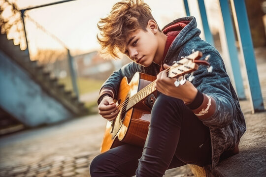 Young teenager musician urban outdoor portrait. Guy playing an acoustic guitar. Male musician sitting and playing guitar. Generative AI