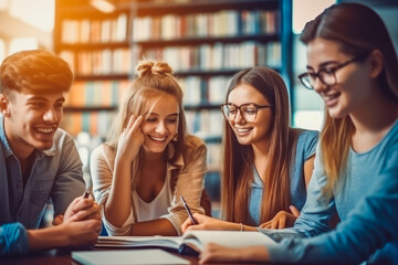 Obraz premium Education and school concept. Positive teenage students working and discussing in group. Generative AI