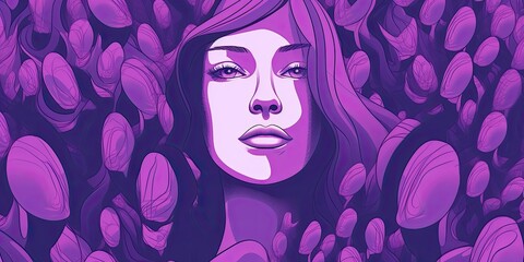 Empowered woman illustration, purple portrait, generative ai