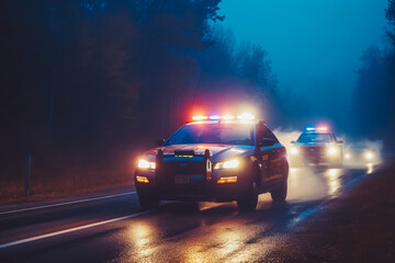 Fototapeta na wymiar Police car chasing a car at night with fog background. Police chase. Generative AI