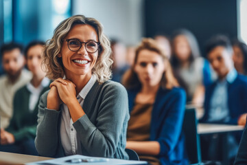 University education concept. Professor and pupils in classroom. Generative AI
