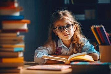 Education and school concept. Little girl sitting at table studying with books. Generative AI