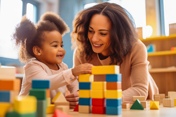 Child development specialist looking at little girl playing with toys in playroom. Generative AI