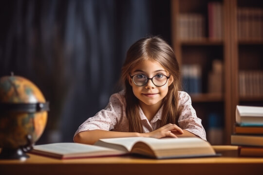 Education and school concept. Little girl sitting at table studying with books. Generative AI