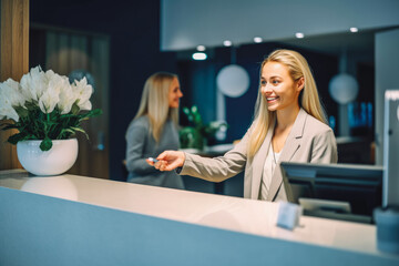 Portrait of female receptionist handling papers at reception. Confident, smiling young receptionist welcoming guests. Generative AI