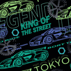 Abstract seamless pattern with sport cars .Bright background with grunge elements for textiles, children's clothes, prints. Pattern for boys © SokolArtStudio
