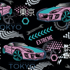 Abstract seamless pattern with sport cars .Bright background with grunge elements for textiles, children's clothes, prints. Pattern for boys © SokolArtStudio