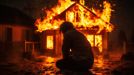 Silhouetted man stands, helpless and entranced, as flames tower over his home - a poignant portrait of loss and despair. Generative AI