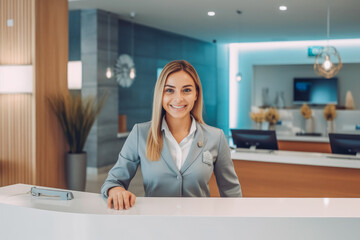 Portrait of female receptionist handling papers at reception. Confident, smiling young receptionist welcoming guests. Generative AI - obrazy, fototapety, plakaty