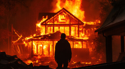 Silhouetted man stands, helpless and entranced, as flames tower over his home - a poignant portrait of loss and despair. Generative AI