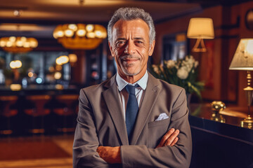 Mature businessman at hotel reception. Luxury business travel concept. Generative AI