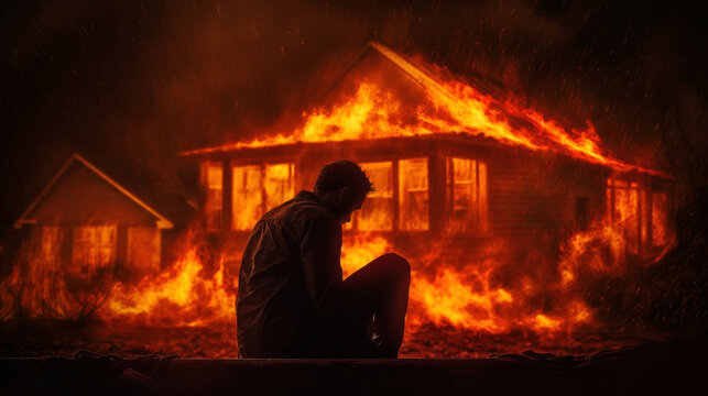Silhouetted man stands, helpless and entranced, as flames tower over his home - a poignant portrait of loss and despair. Generative AI