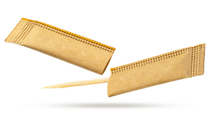 Bamboo toothpick and its brown paper bag isolated on white background