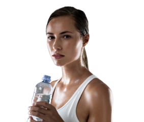 Woman in portrait, water bottle and health, fitness with wellness and sweating isolated on transparent png background. Female athlete drink h2o after workout, healthy and thirsty with hydration