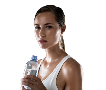 Woman in portrait, water bottle and health, fitness with wellness and sweating isolated on transparent png background. Female athlete drink h2o after workout, healthy and thirsty with hydration