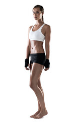 Serious woman, boxer and portrait of martial arts fighter standing ready isolated on a transparent...