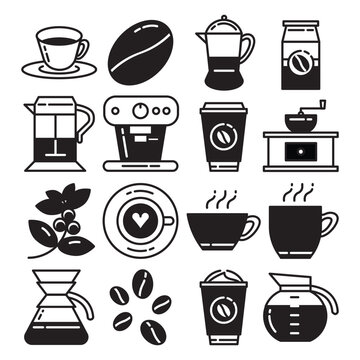 Black inked coffee line icon set