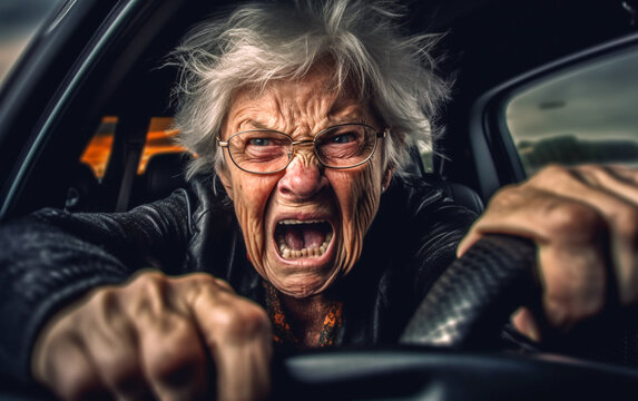 Elderly woman gets angry while driving her car in traffic - ai generative
