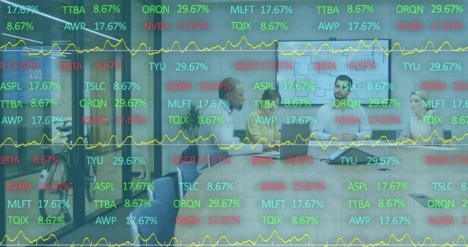 Animation of stock market data processing against diverse businesspeople discussing at office