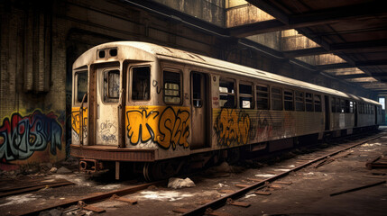 Train américain abandonné, rouillé, couvert de tags, dans les rues de New York.