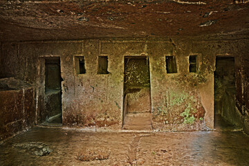 Barbarano Romano, Viterbo, Lazio, Italy: Etruscan necropolis of San Giuliano, interior of an ancient tomb, 2500 years old, the inside of these tombs was similar to the rooms of a house - 613099080